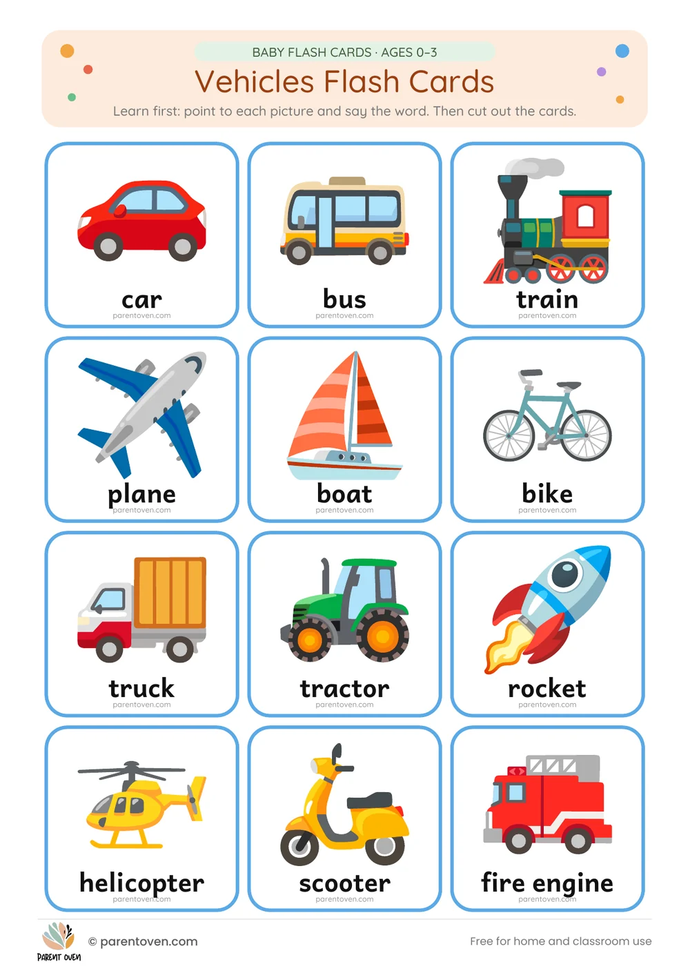 Vehicles flash cards: learn-first chart of all 12 cards
