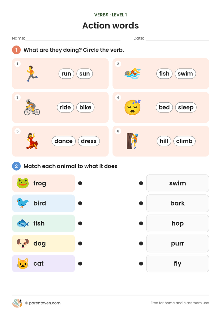 Verbs worksheet level 1: circle the verb that matches six action pictures (run, swim, ride, sleep, dance, climb), then match five animals to their actions