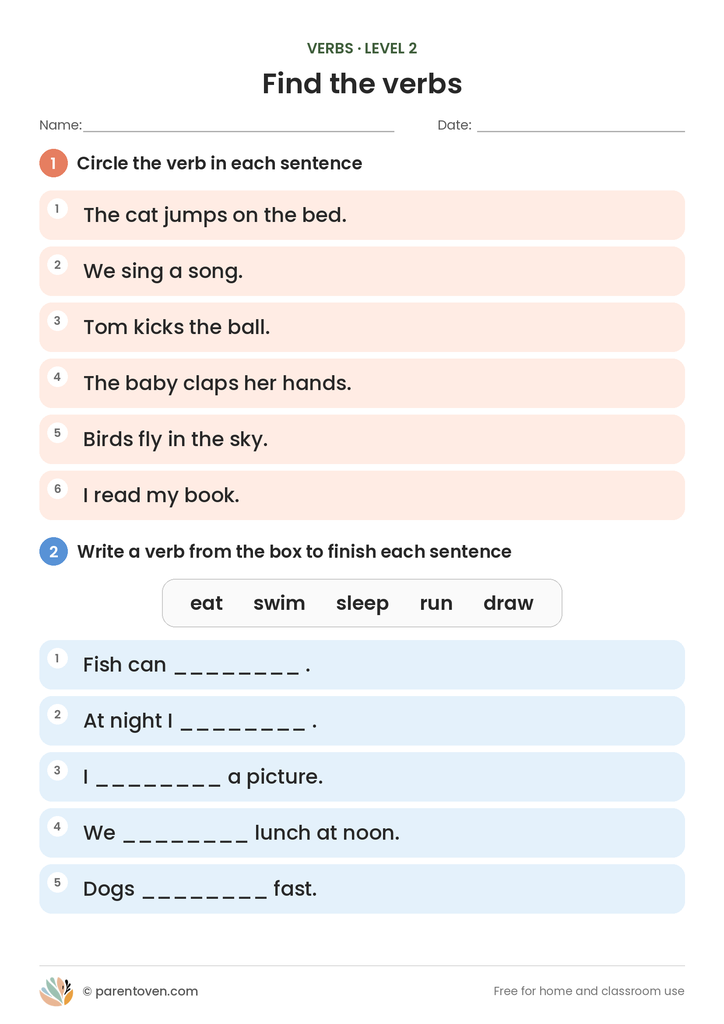 Verbs worksheet level 2: circle the verb in six sentences, then use a word box to finish five sentences with a verb