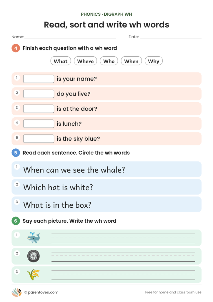 wh digraph worksheet page 2: finish questions with what, where, who, when and why, read sentences and circle the wh words, and write wh words