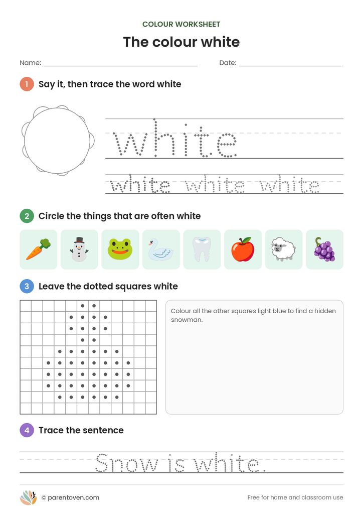 Colour white worksheet: trace the word white, circle the white things, colour the dotted squares to find a hidden snowman and trace “Snow is white.”
