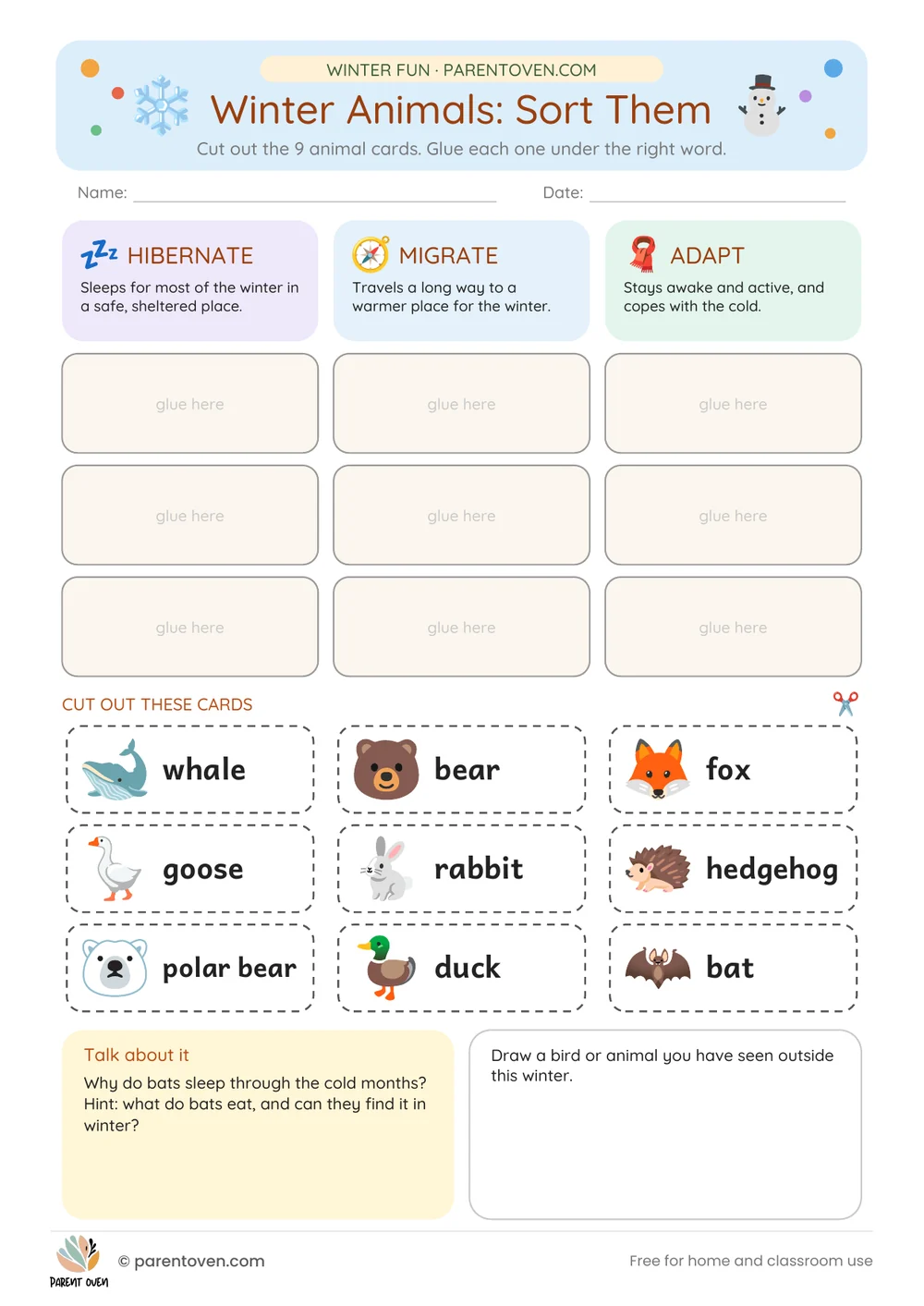 Printable winter worksheet for ages 3–7: Winter animals: hibernate, migrate or adapt