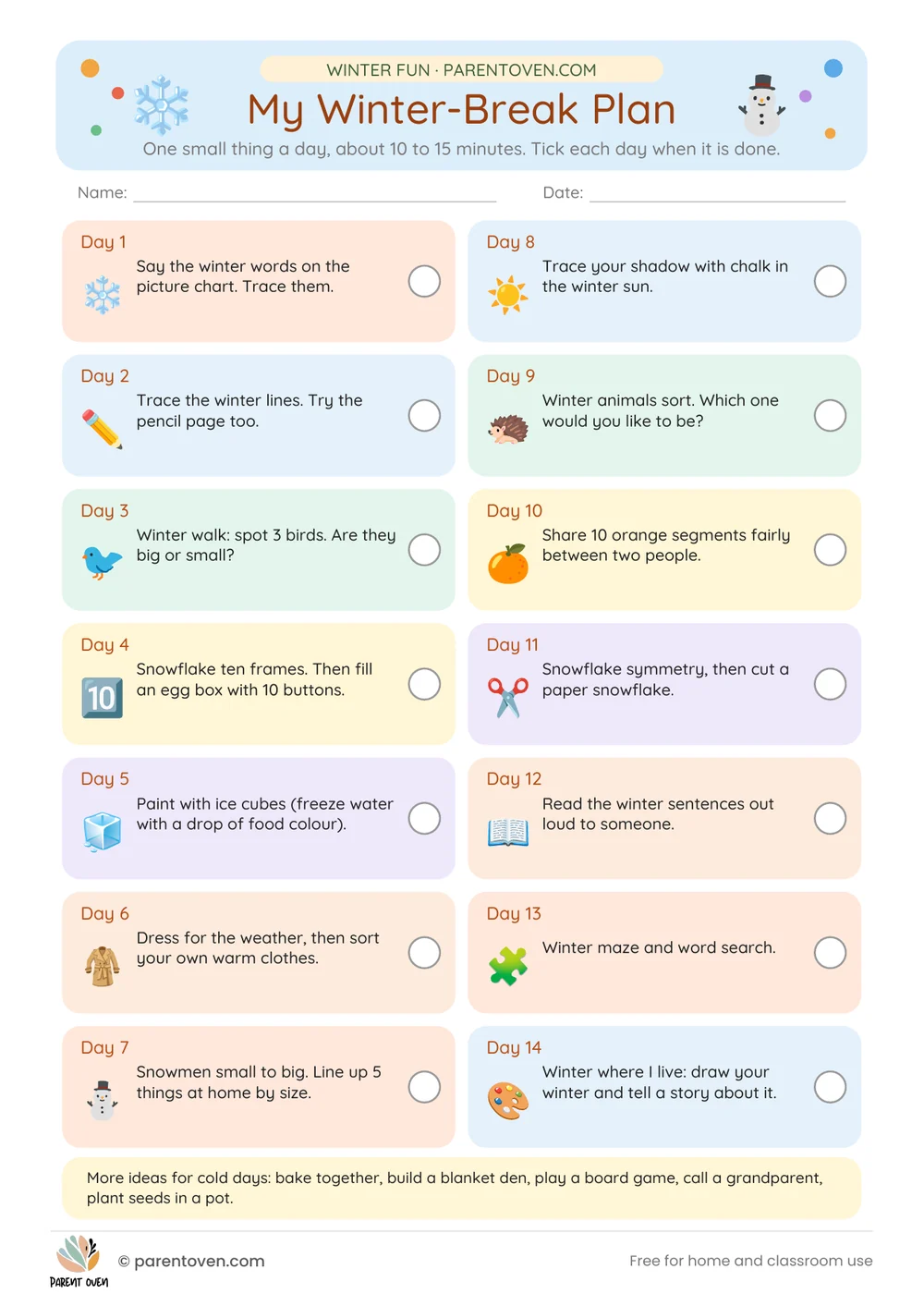 Printable winter worksheet for ages 3–7: 14-day winter-break plan
