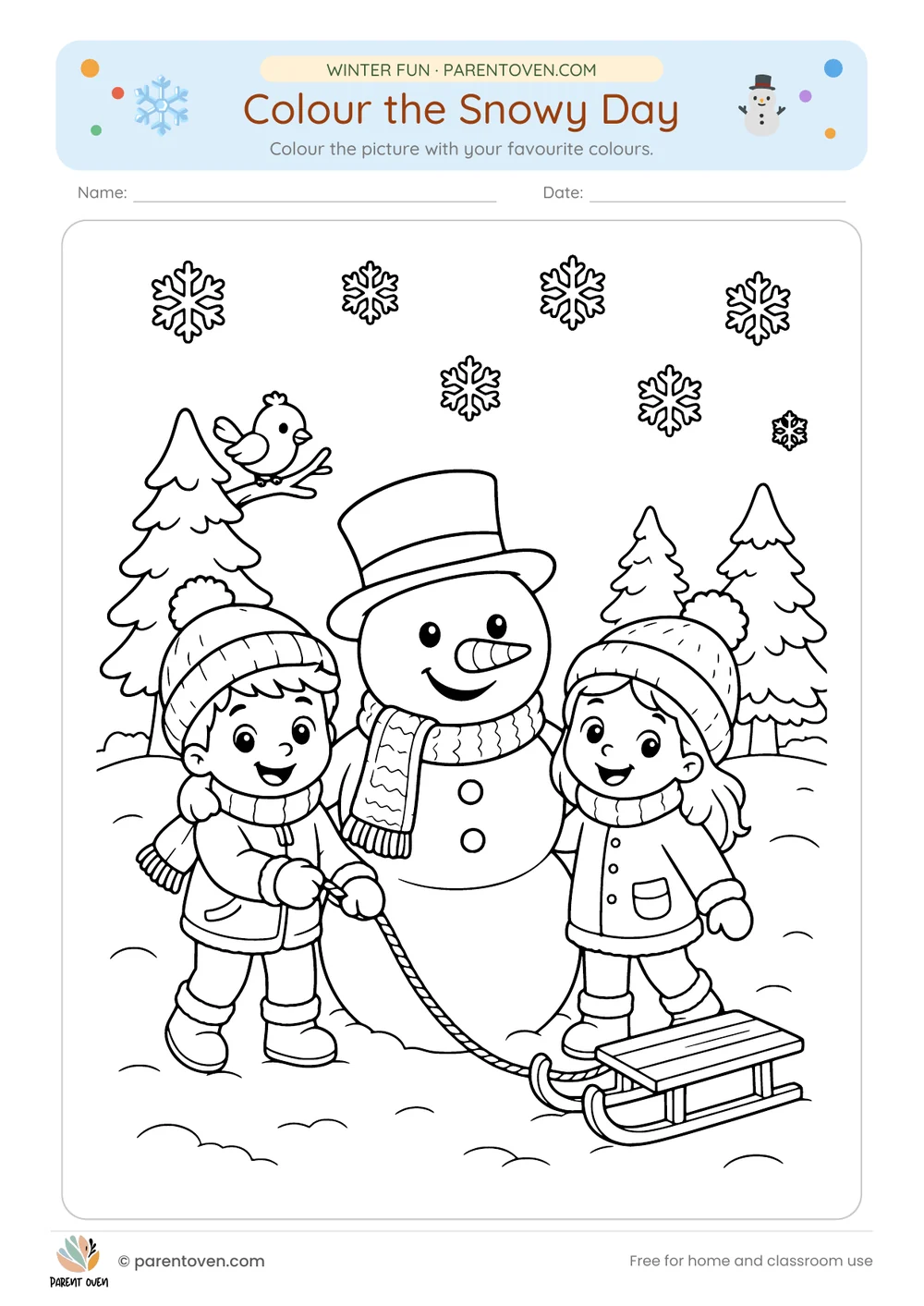 Printable winter worksheet for ages 3–7: Winter coloring pages