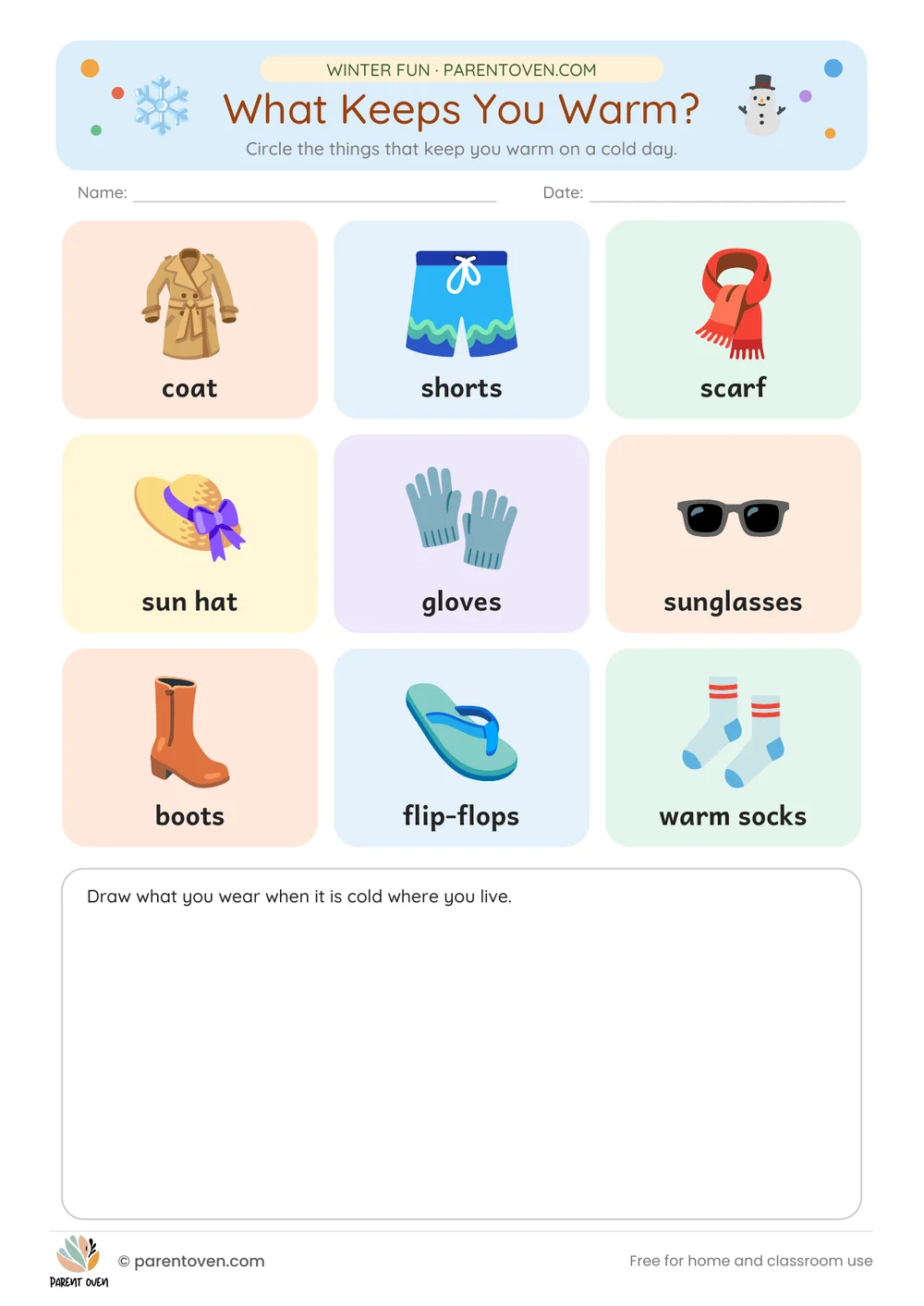Printable winter worksheet for ages 3–7: Dress for the weather