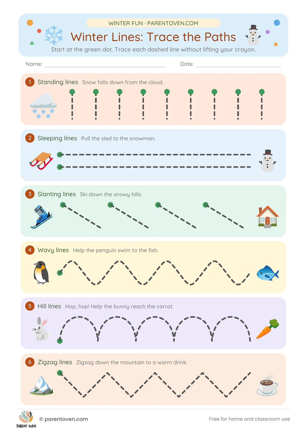 Printable winter worksheet for ages 3–7: Winter lines: pre-writing tracing