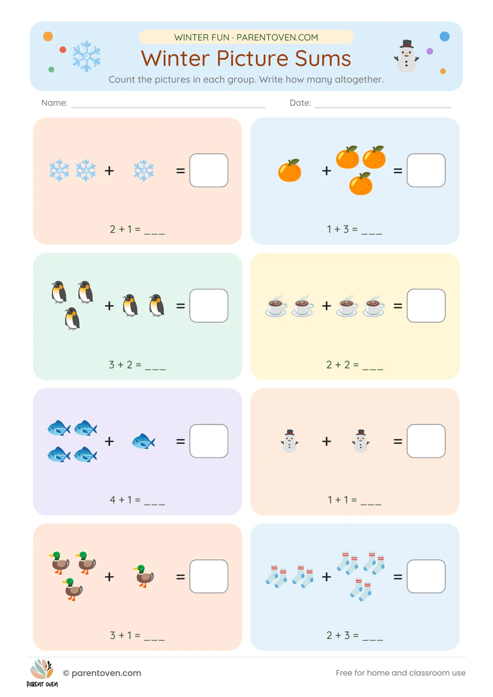 Printable winter worksheet for ages 3–7: Winter maths: add and take away