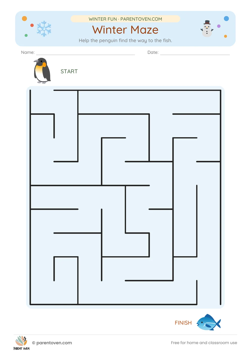 Printable winter worksheet for ages 3–7: Winter maze and word search