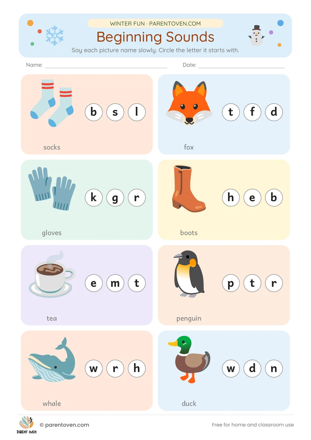 Printable winter worksheet for ages 3–7: Winter sounds and reading