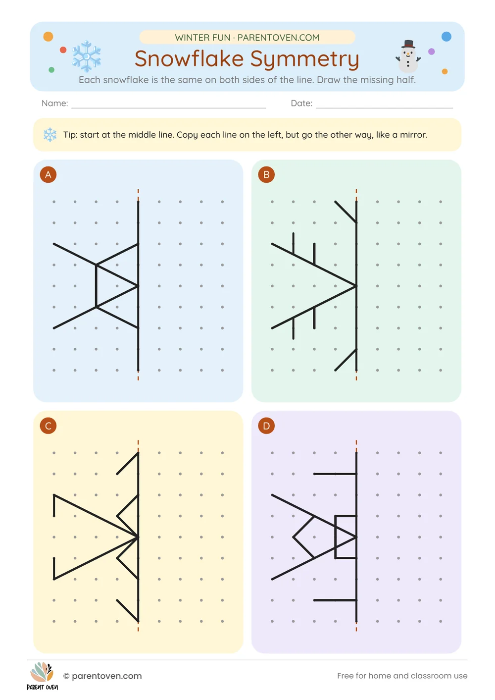 Printable winter worksheet for ages 3–7: Snowflake symmetry