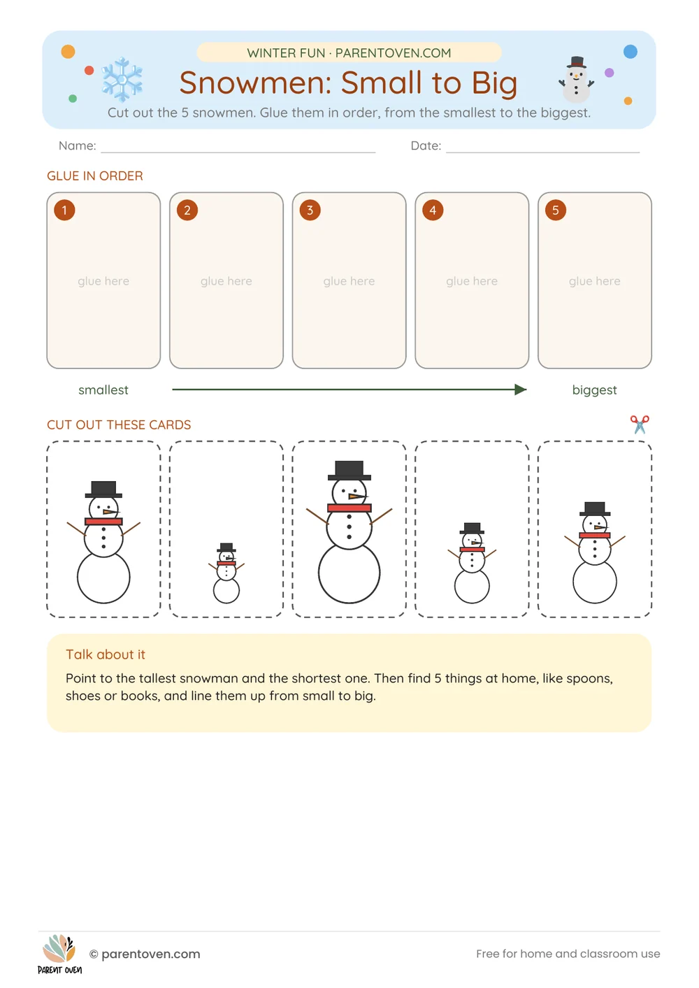 Printable winter worksheet for ages 3–7: Snowman sizes and shapes