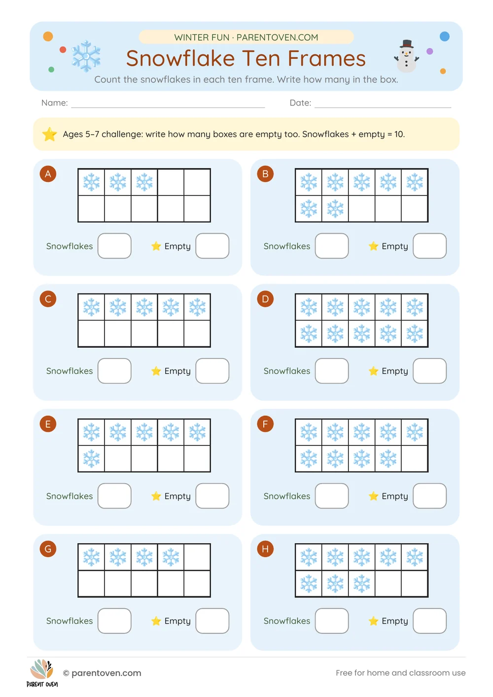 Printable winter worksheet for ages 3–7: Snowflake ten frames