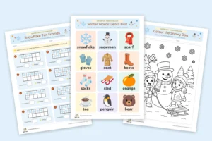 Free printable winter worksheets for kids: snowflake ten frames, a winter words picture chart and a snowy-day coloring page