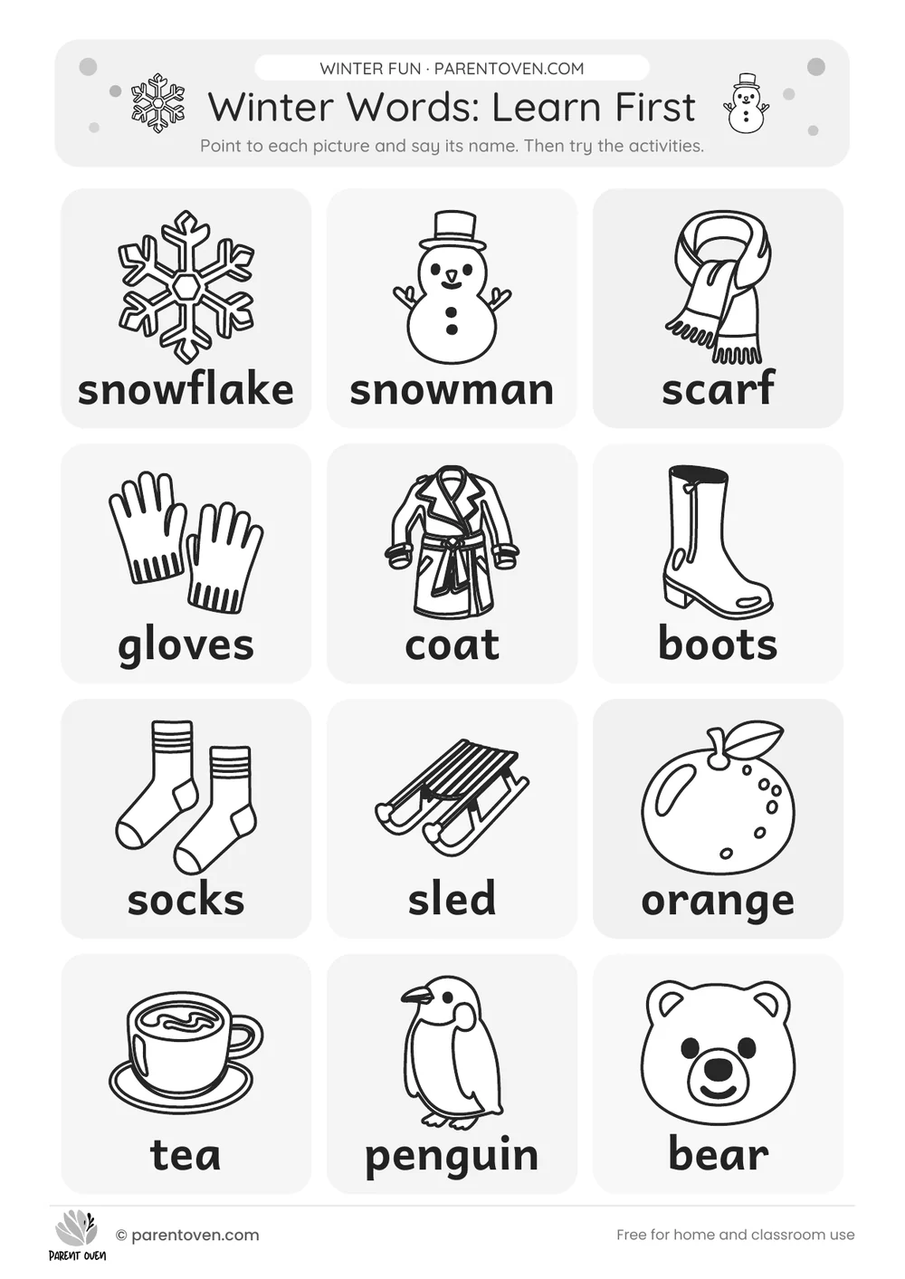Black-and-white winter worksheets pack: outline pictures of winter words to print with less ink
