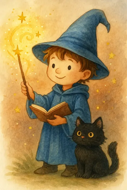 Illustration of a little wizard with a magic wand and book, next to a black cat