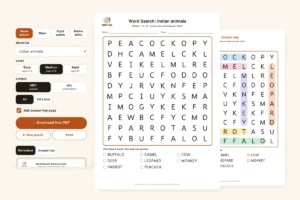 Word search maker: a medium Indian animals word search on A4 with its colour answer key and the phone controls