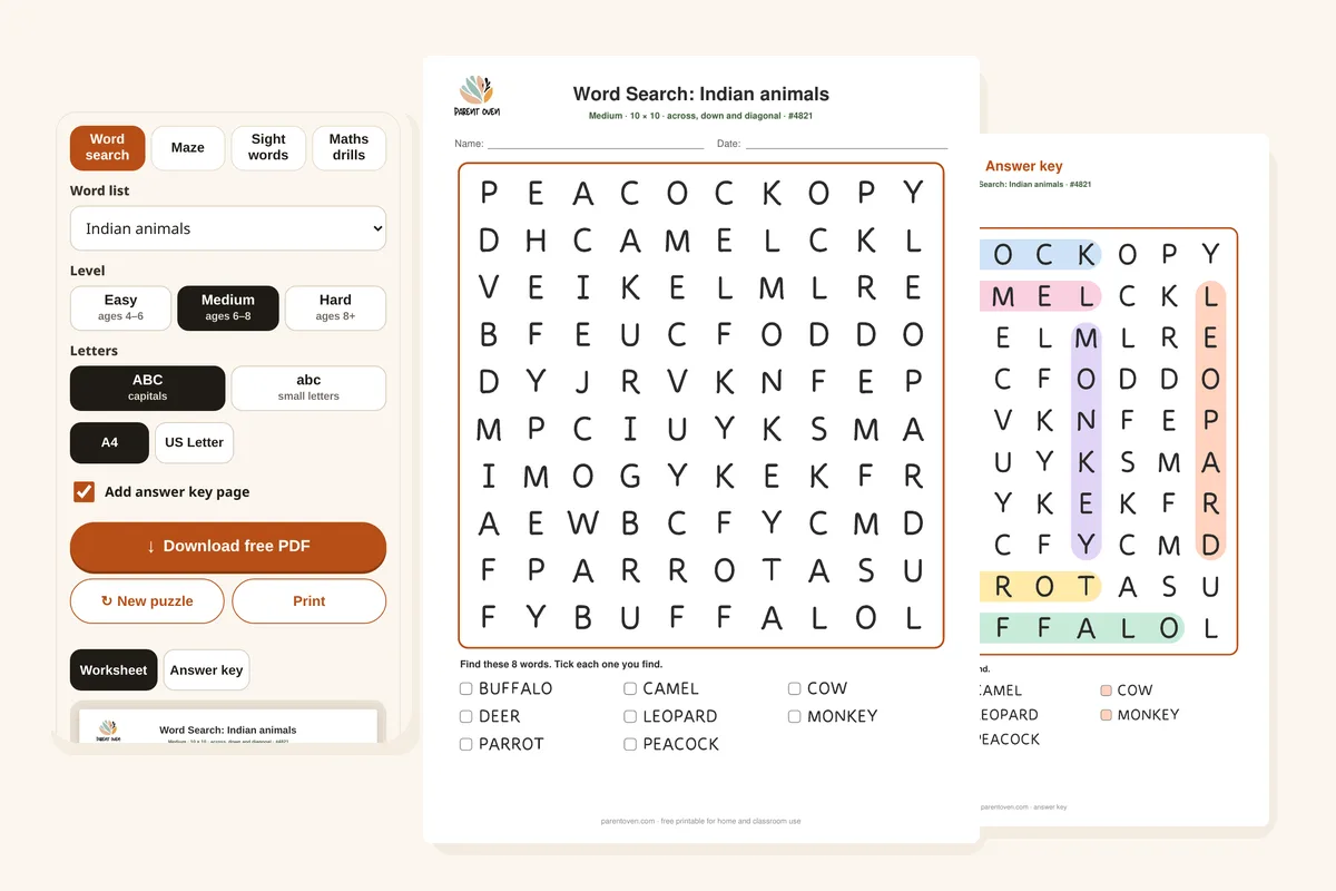 Word search maker: a medium Indian animals word search on A4 with its colour answer key and the phone controls