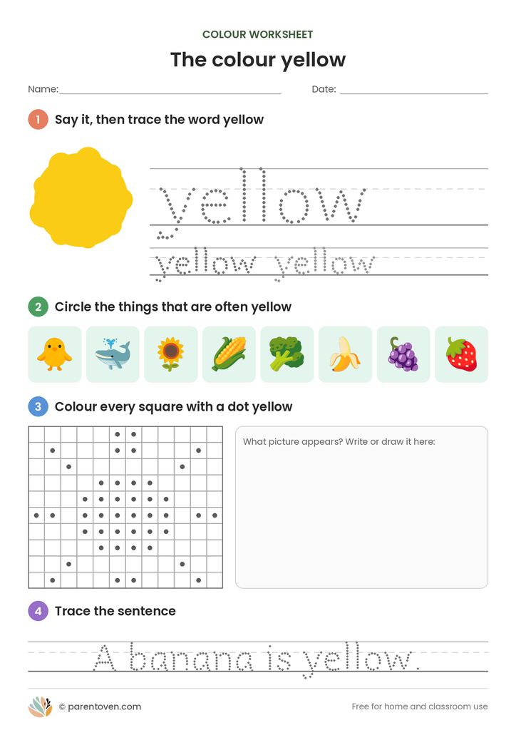 Colour yellow worksheet: trace the word yellow, circle the yellow things, colour the dotted squares to find a hidden sun and trace “A banana is yellow.”